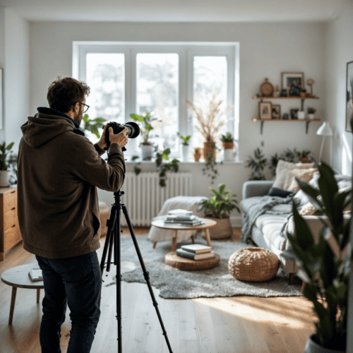 Immobilienmakler fotografiert möbliertes Wohnzimmer mit persönlichen Gegenständen der Mieter